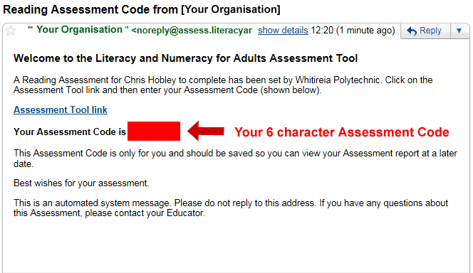 email - assessment code